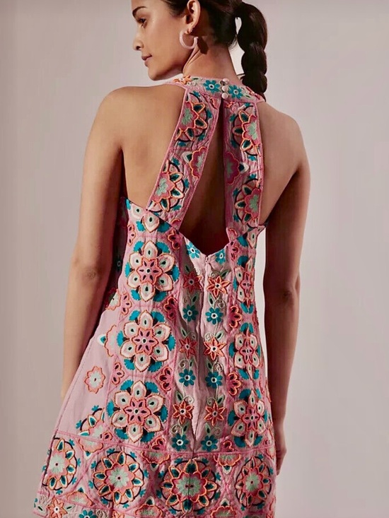 Anthropologie Dresses & Skirts - Anthropologie Pink Embroidered Open-Back Halter Dress with Teal Accents